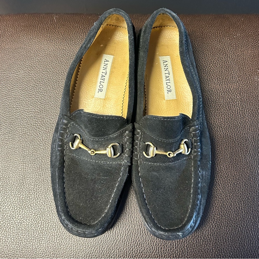 Ann Taylor Black Suede Loafers with Gold Accent